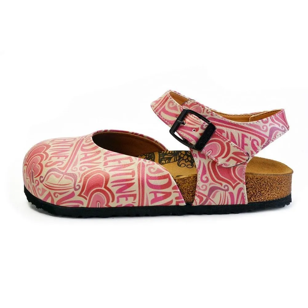 Beige and Red Color, Heart Patterned, Valentines Day Written Patterned Clogs - CAL1605
