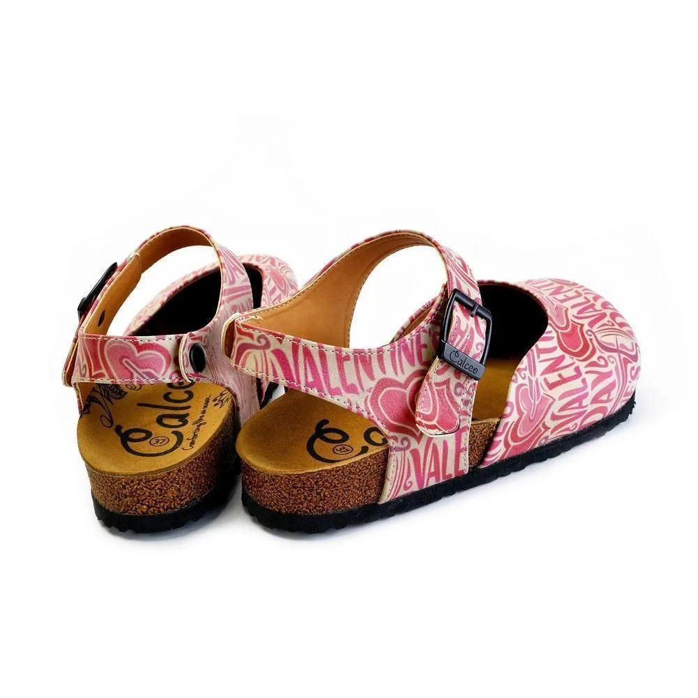 Beige and Red Color, Heart Patterned, Valentines Day Written Patterned Clogs - CAL1605