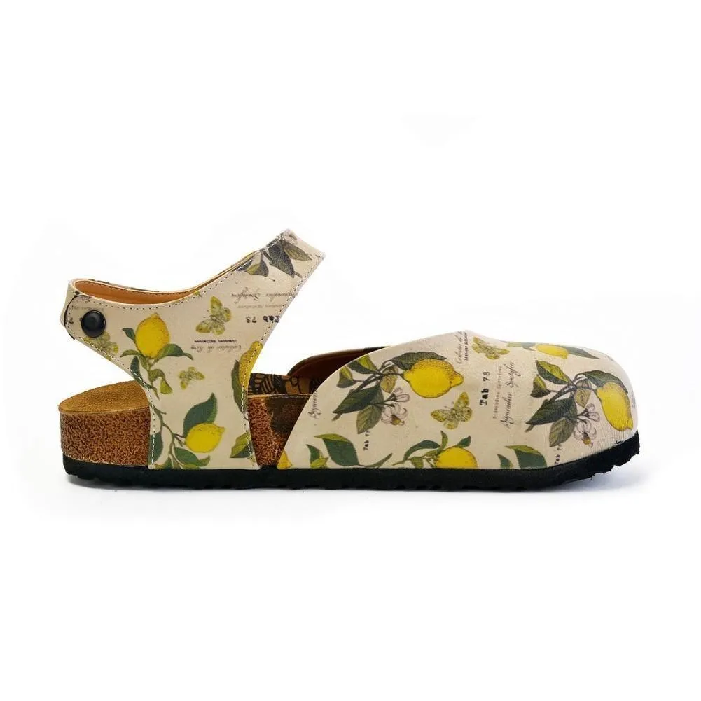 Beige, Green Leaf and Yellow Lemon Patterned and Yellow Butterflys Clogs - CAL1606