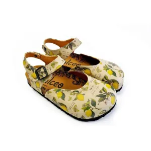 Beige, Green Leaf and Yellow Lemon Patterned and Yellow Butterflys Clogs - CAL1606