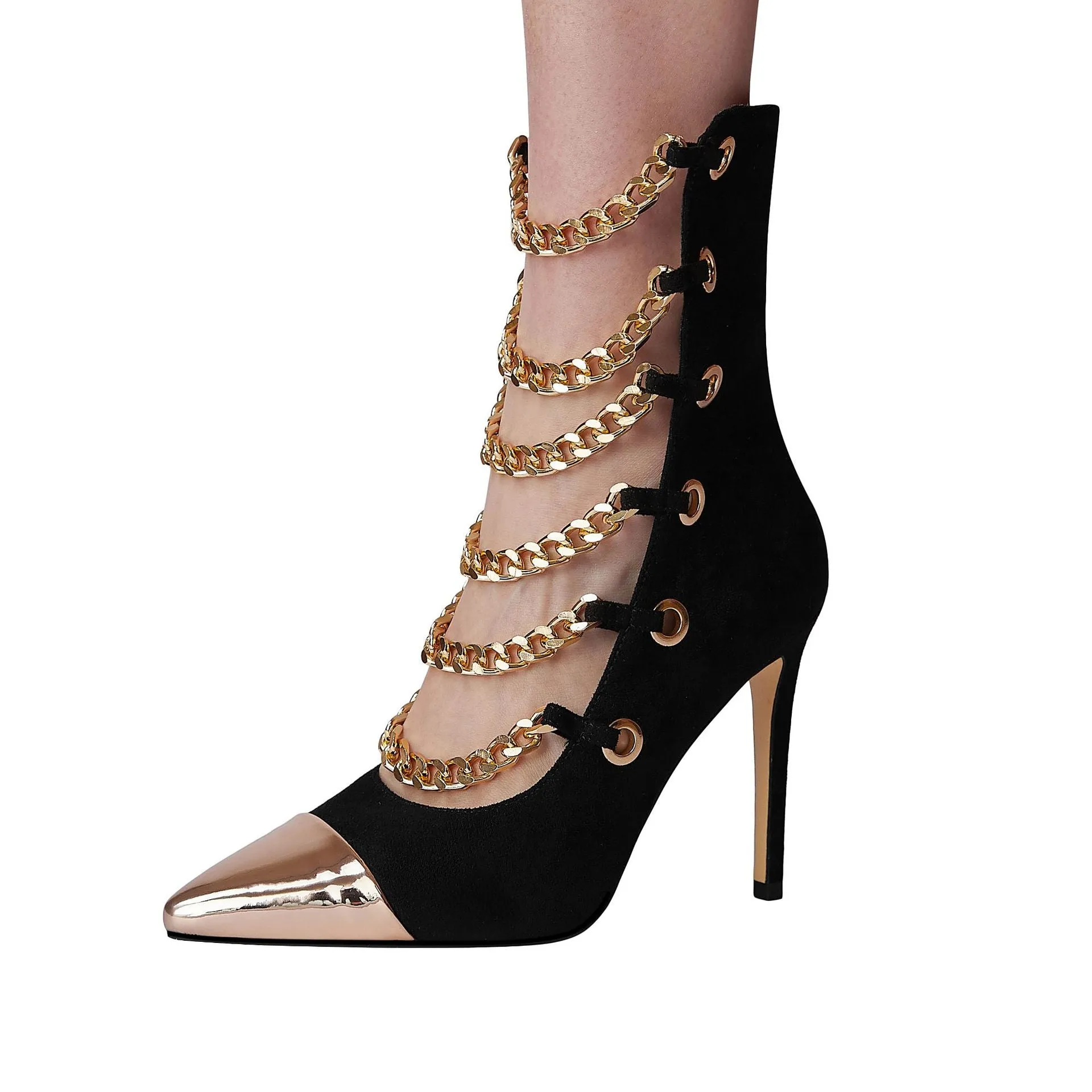 Metallic Chain Strap Pointed Toe Suede Ankle Boots