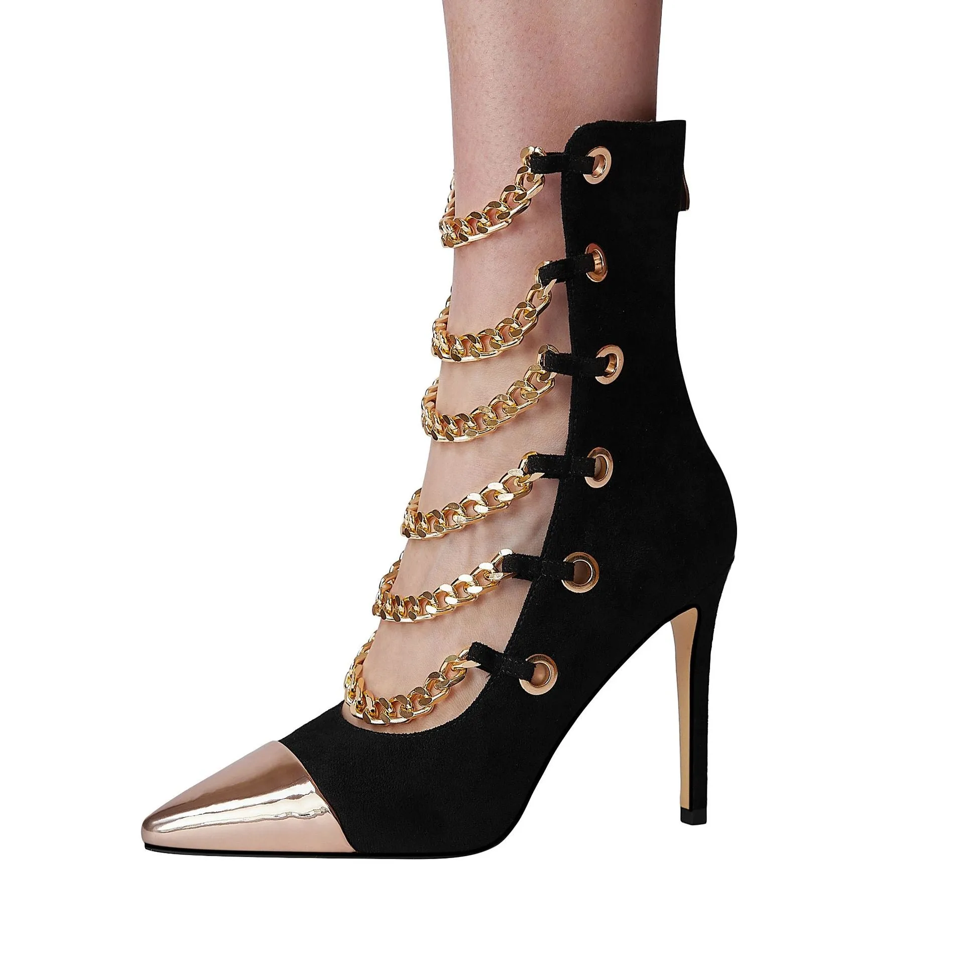 Metallic Chain Strap Pointed Toe Suede Ankle Boots