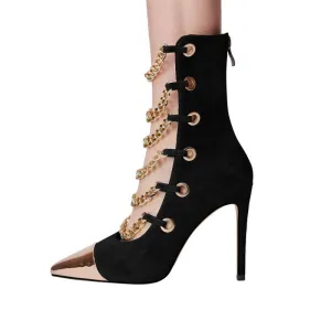 Metallic Chain Strap Pointed Toe Suede Ankle Boots