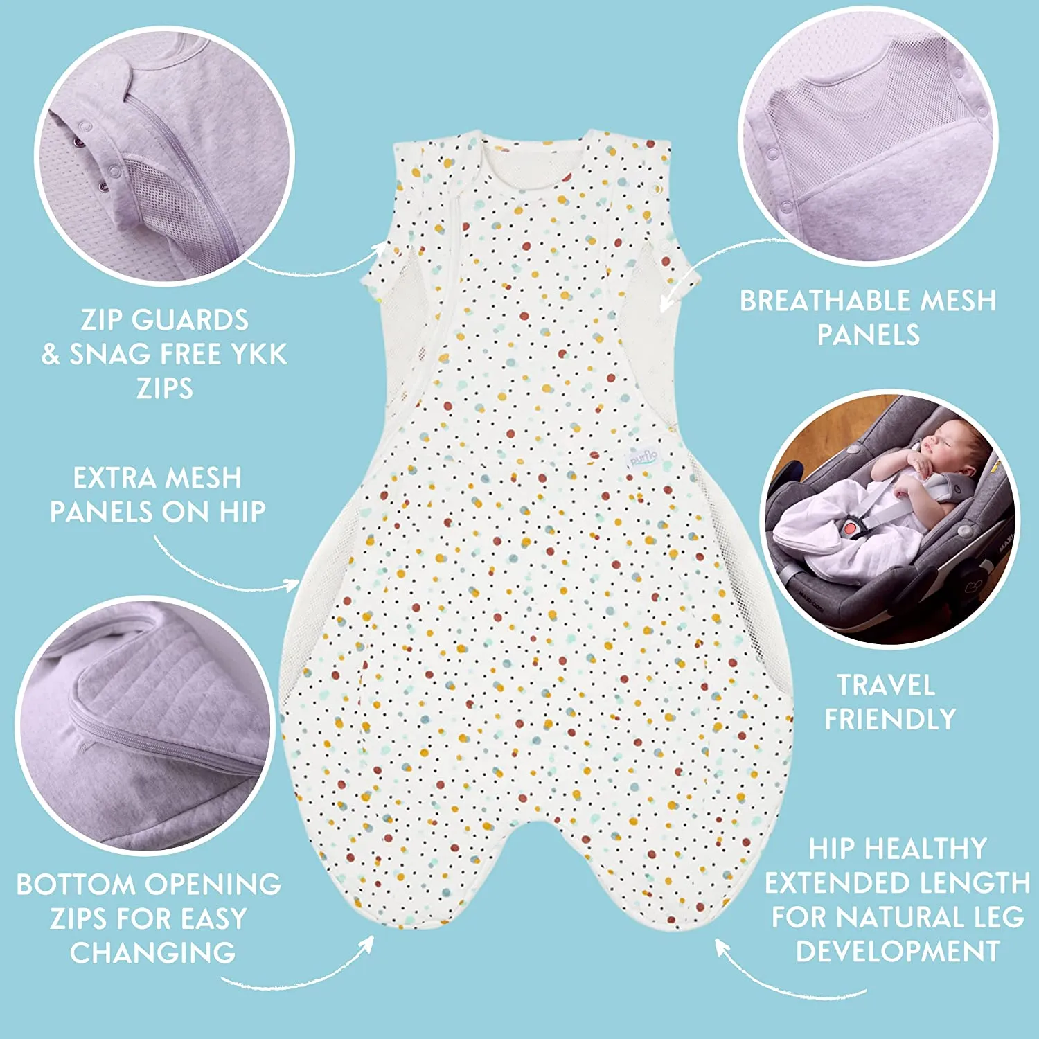 Purflo Swaddle to Sleep Baby Bag 0m-4m 0.5 TOG, SCANDI SPOT White Age-Newborn